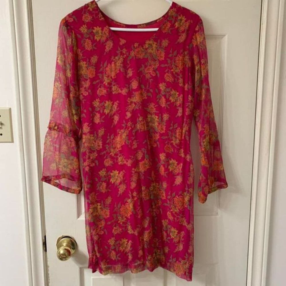 🌷3 for$25🌷Unbranded, US S, Fuchsia & Orange Floral Chiffon Side Slit Tunic Dress - Picture 3 of 5